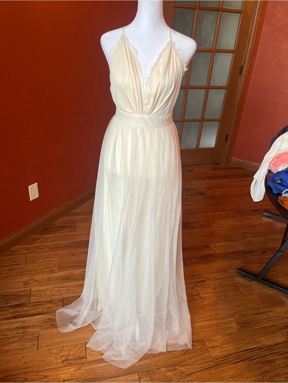 Luxxel Cream Spaghetti-Strap Maxi Dress with Lace Trim